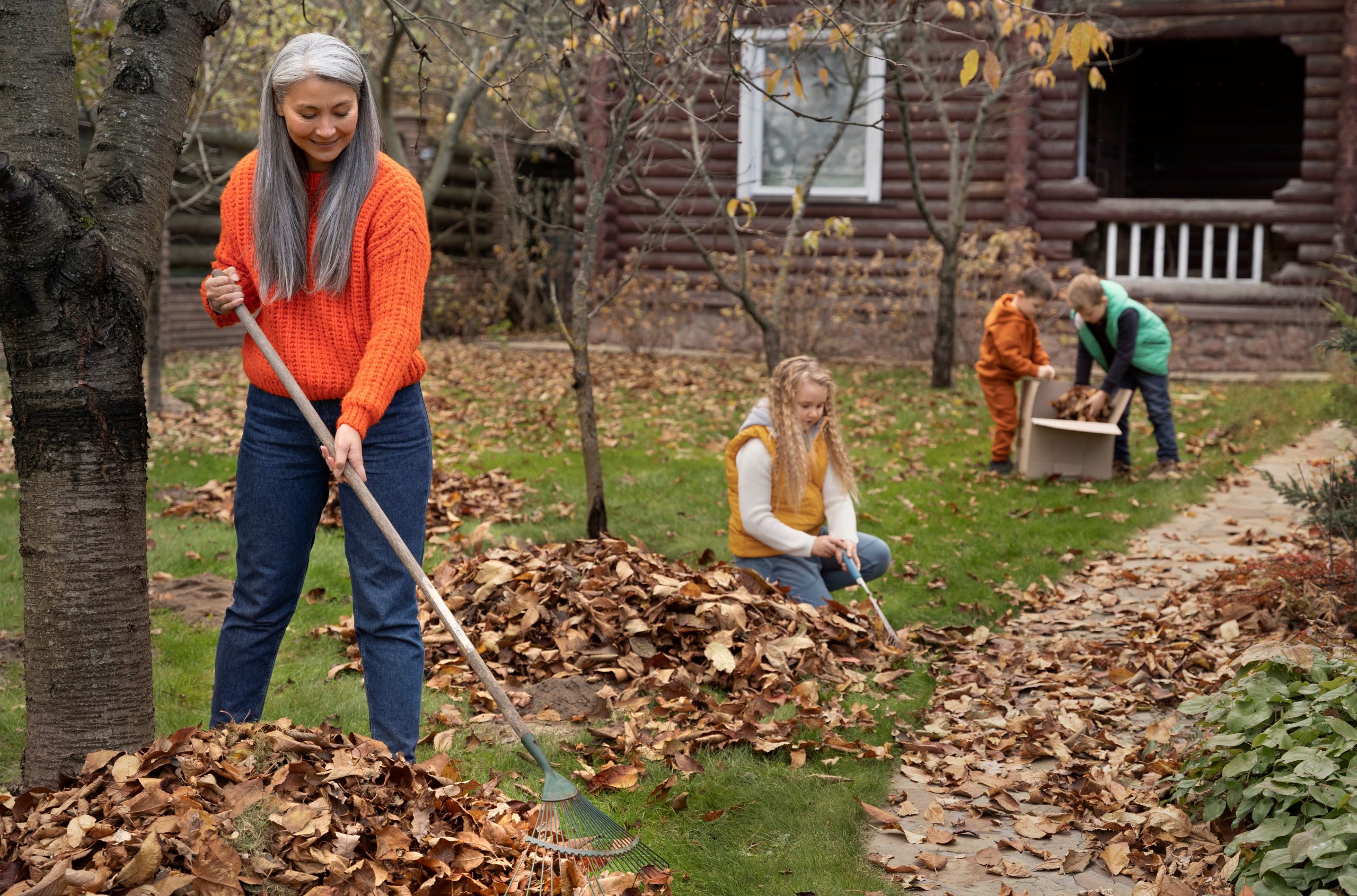 outside-unit-FP Woman and kids raking leaves illustrate blog "Reasons Why You Should Clean the Are Around Your AC Outside Unit"